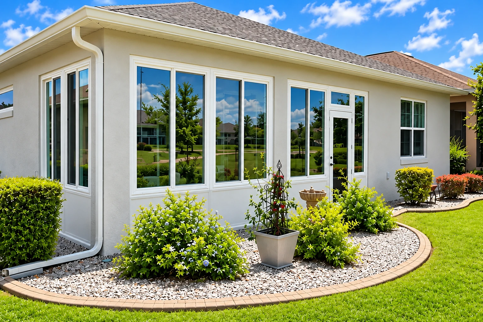 White all-season room with large windows beside a curved gravel garden bed and green lawn.