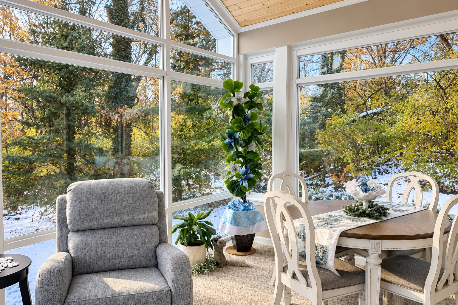 A four-season sunroom with tall windows overlooks snowy trees and contains a gray armchair and a white dining set.