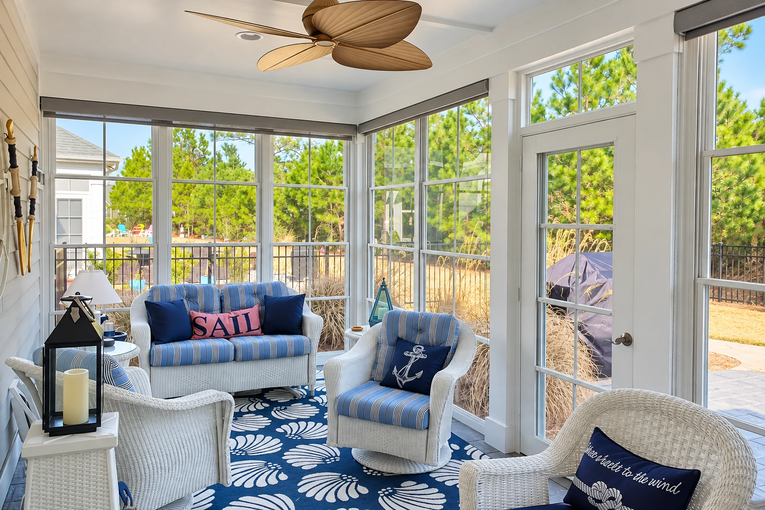 A bright custom sunroom has large windows, white wicker seating with blue cushions, and a ceiling fan.