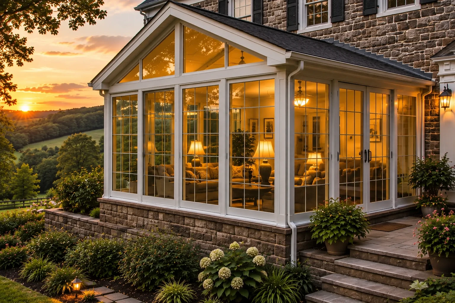 Four-season sunroom with white-framed windows glowing at sunset, attached to a stone house.