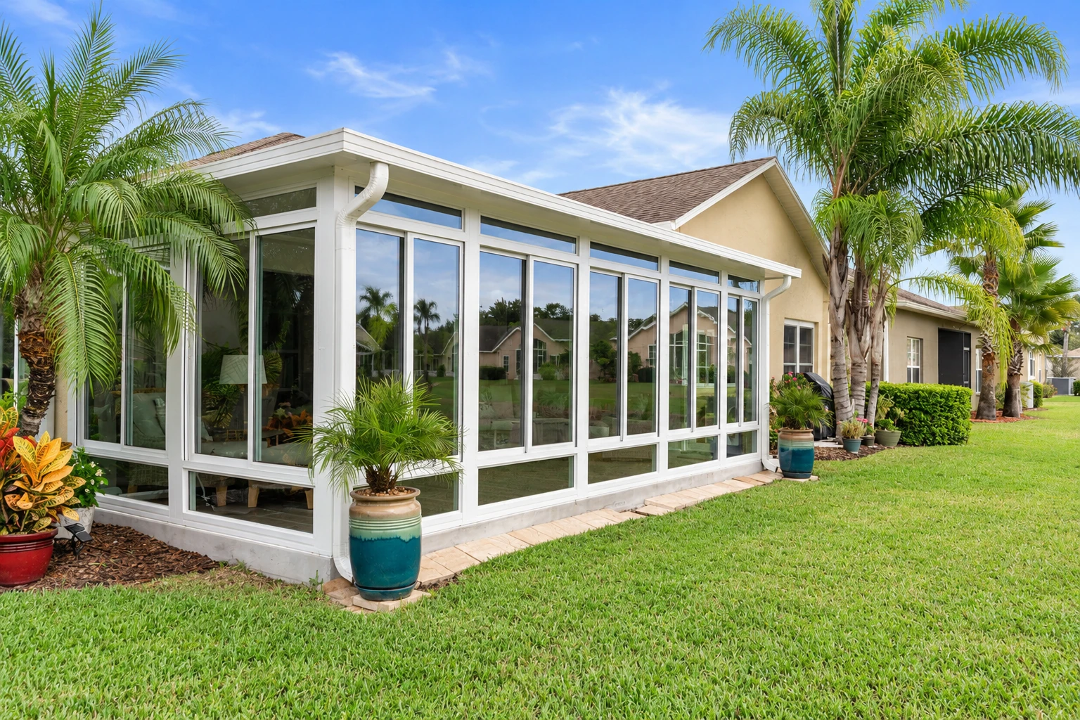 White-framed four-season sunroom with tall windows extends from a house into a lawn lined with palm trees.