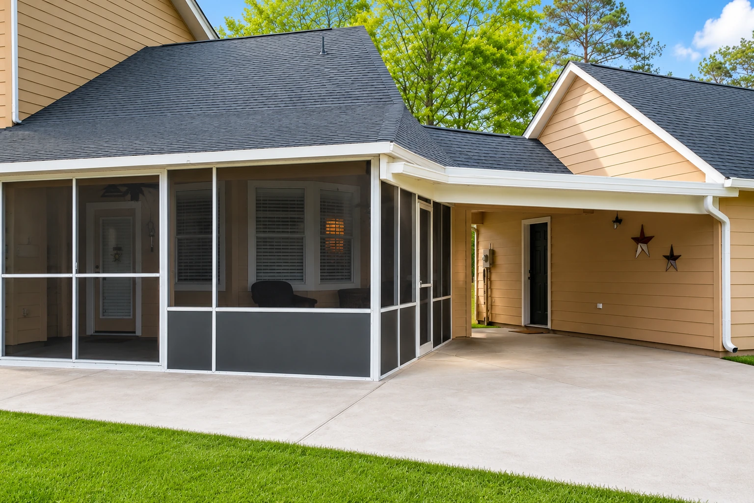 Screen room attached to a tan house beside a covered patio with a dark shingled roof.