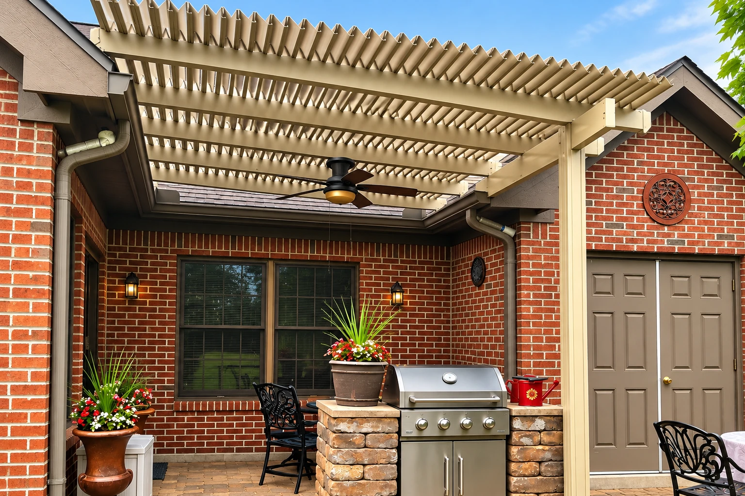 Patio cover with a tan open-slat pergola and ceiling fan shades a brick patio with a built-in grill.