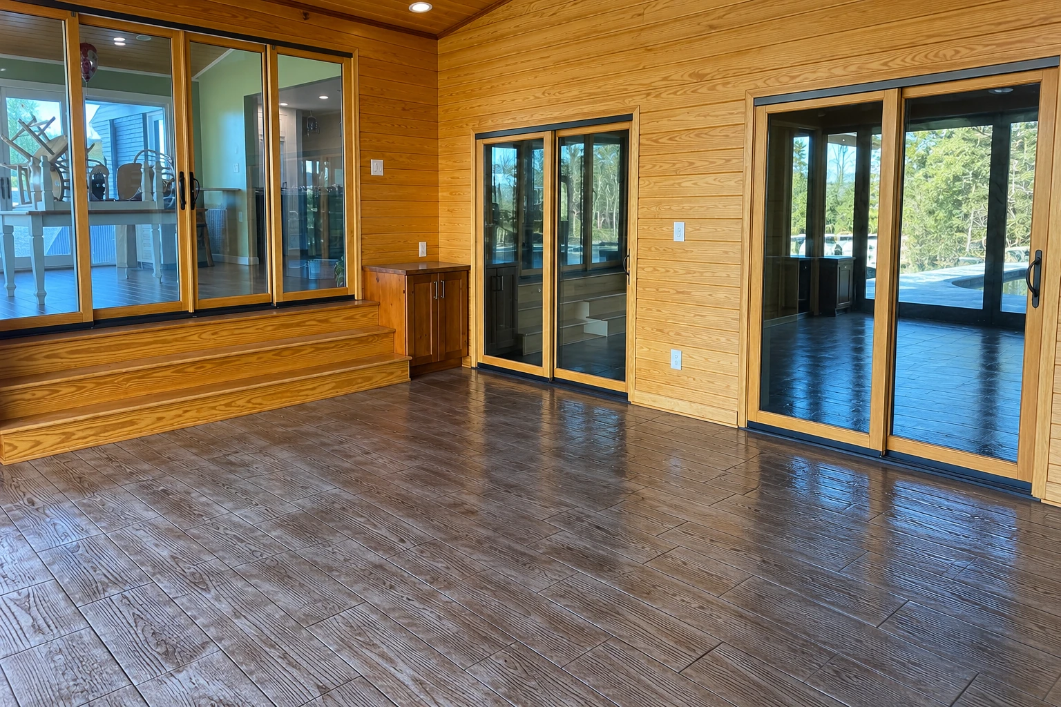 Wood-paneled patio enclosure with large sliding glass doors, built-in wooden steps, and a tiled floor.
