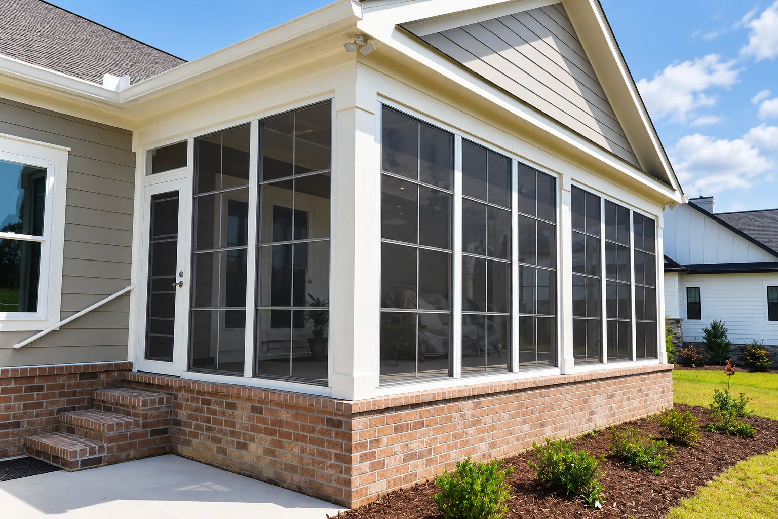 Exterior view of a patio converted to a sunroom, with tall dark-framed screens above a brick base.