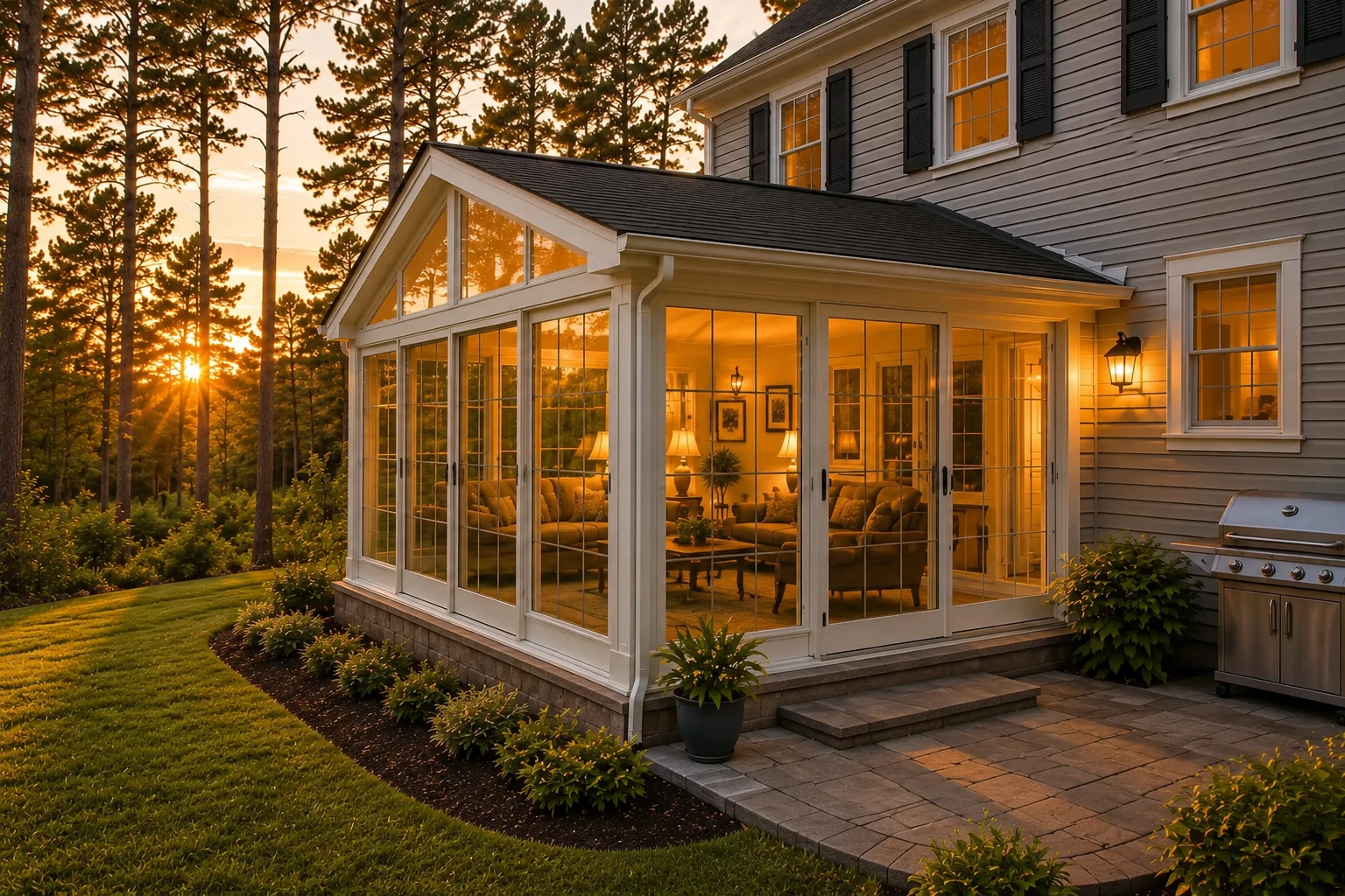 Glass-enclosed sunroom addition glowing at sunset beside a house, with a peaked roof and stone patio.