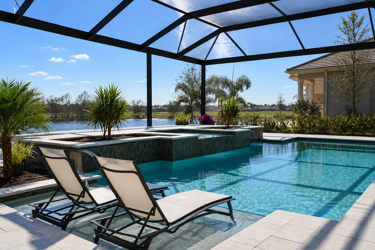 Screen room enclosing a swimming pool, with dark framing, lounge chairs, and tropical plants beside the water.
