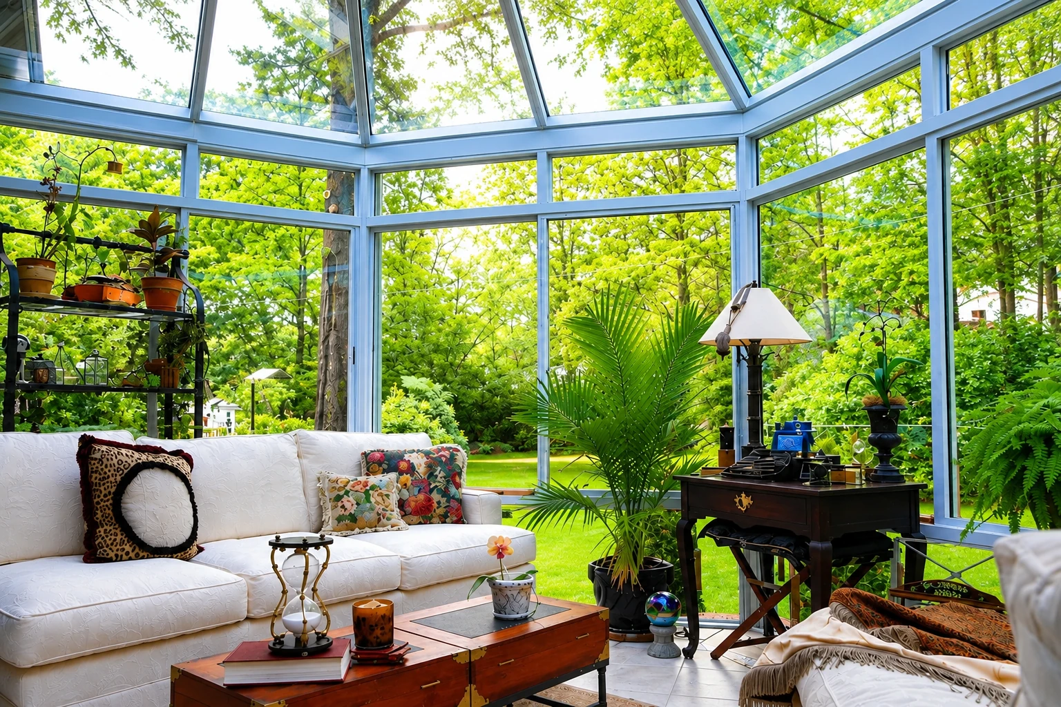 Bright glass solarium with a sloped transparent roof, white sofa, potted plants, and garden views.