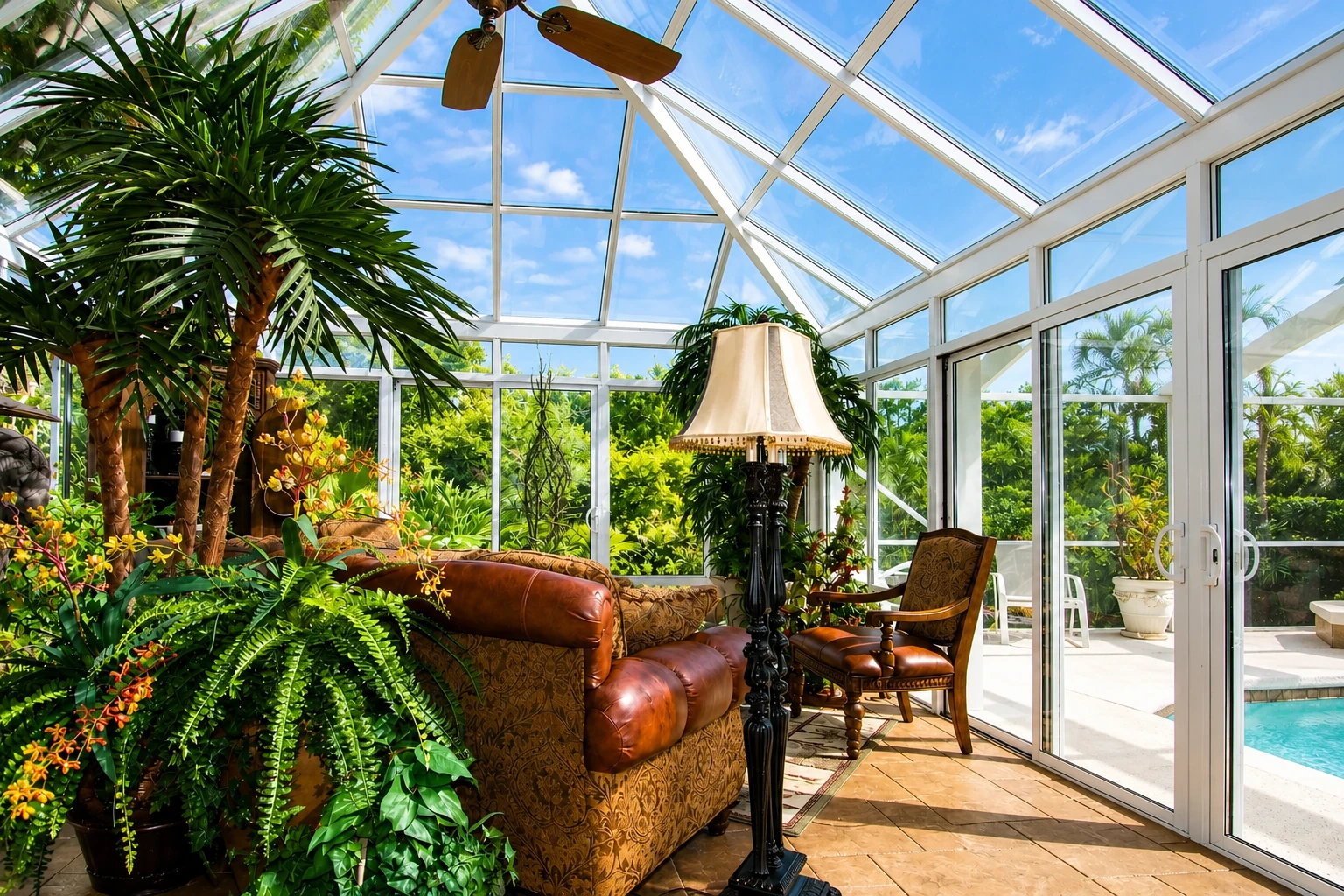 Glass solarium with a peaked transparent roof encloses a furnished, plant-filled sitting area.