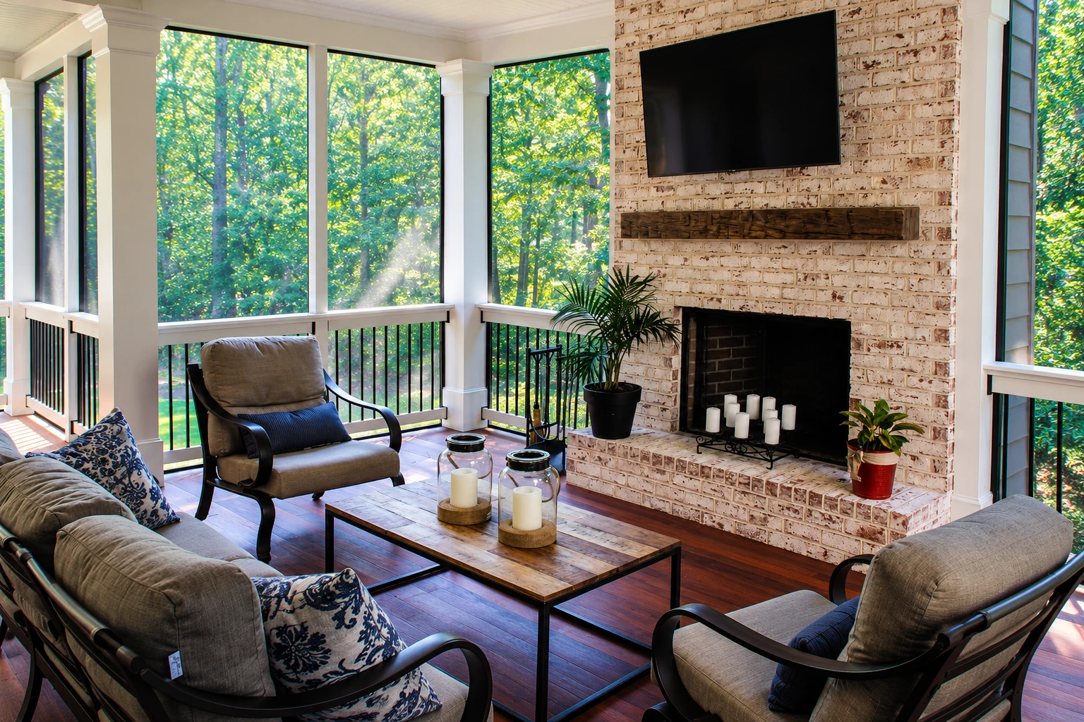 Furnished sunroom with tall windows, a brick fireplace, and seating arranged around a coffee table.