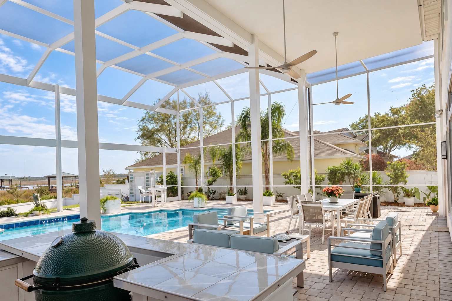 Screened patio enclosure with a pool, white framing, ceiling fans, outdoor dining furniture, and a grill.