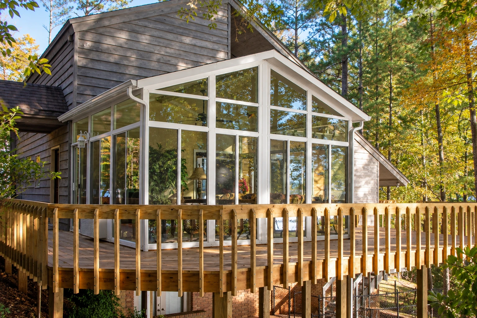 A white-framed glass sunroom extends from a wood-sided house, with a peaked roof and raised deck surrounded by trees.