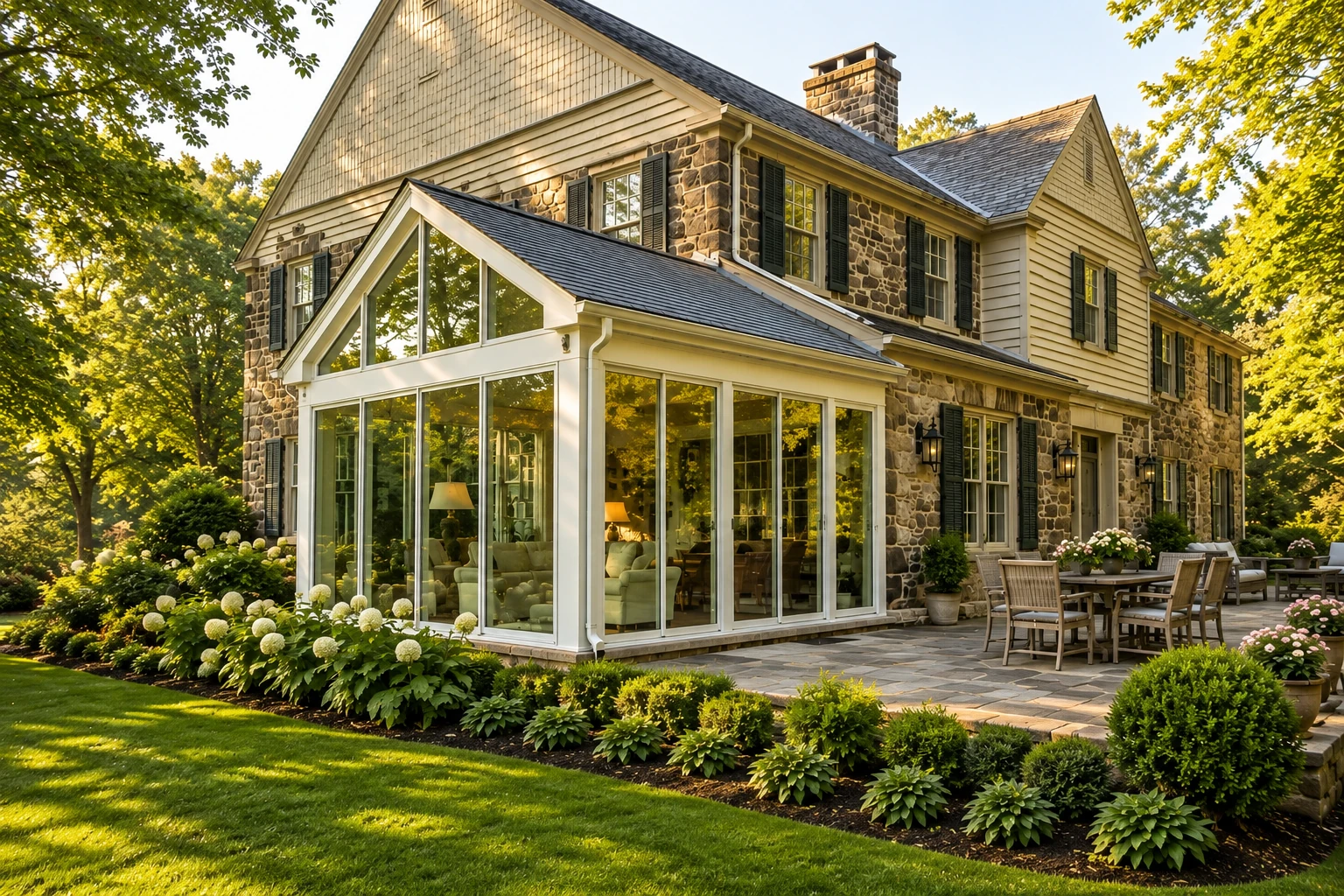 A white-framed glass sunroom with a peaked front is attached to a stone-and-siding house beside a landscaped patio.